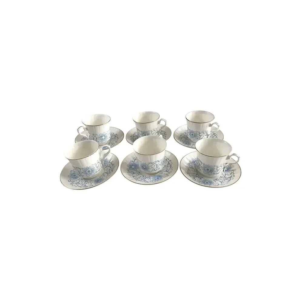 Blue Floral Tea Set Russian Cups Saucers KU 6 Pairs / 12pc Gilt Rims Vintage